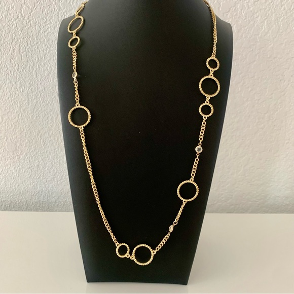 Christian Siriano Gold Tone Circle Link Necklace with Four Clear Crystals 34” - Picture 2 of 6